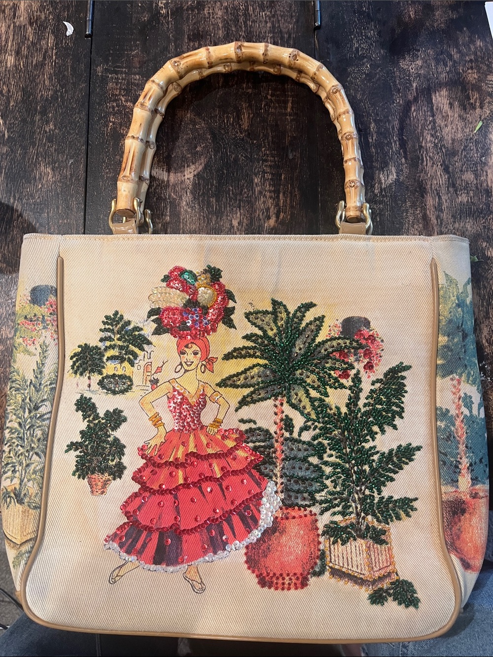 Bracciano Beige Canvas Tote with Red Sequin Flamenco Design